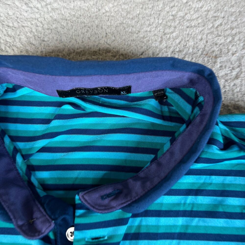 GREYSON Golf Polo XL Blue Green Black Stripe Performance B on Sleeve Wolf Logo - Picture 5 of 11